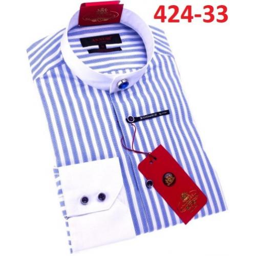 Axxess Blue / White Striped Cotton Modern Fit Dress Shirt With Button Cuff 424-33